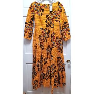 Afripride 3/4 Sleeve Golden Yellow Geometrical Print Maxi Dress - Medium